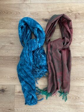 Blue rayon scarf and red/green silk scarf bundle